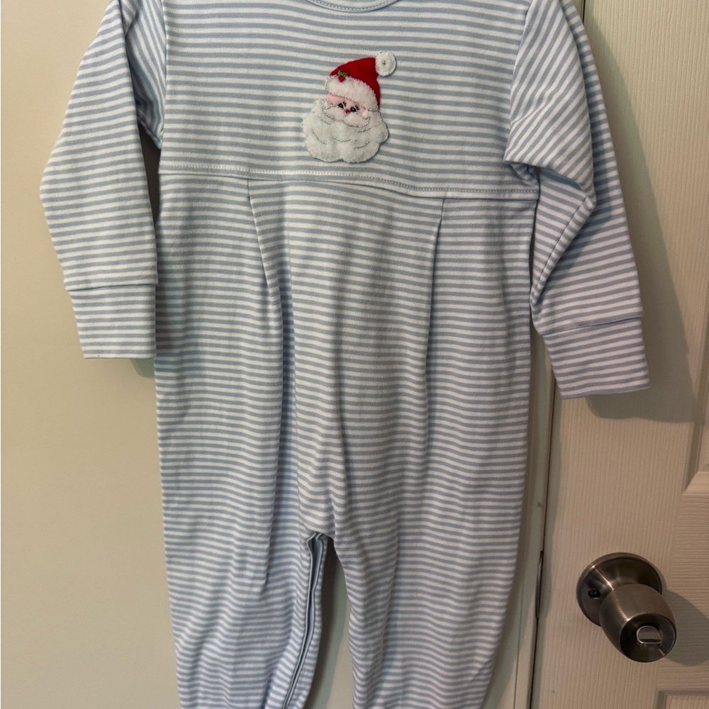 12m Blue & White Striped Holiday Snapsuit with Santa. Pima cotton.
